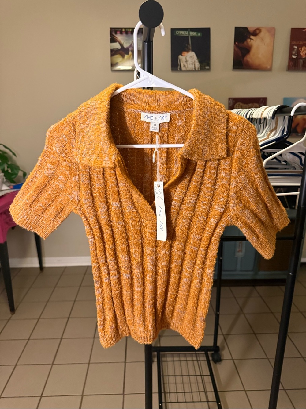 She + Sky Ribbed Knit Polo Top - Mustard